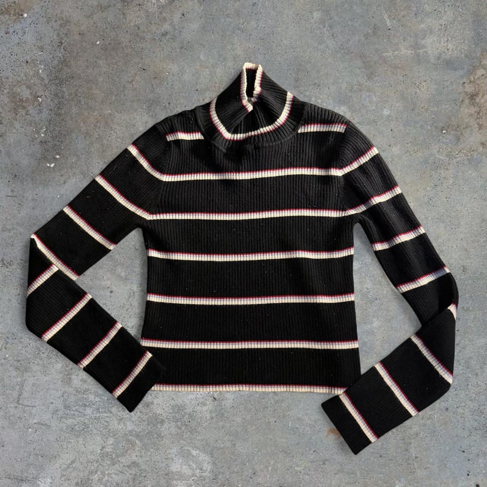 Pink Republic Womens Ribbed Turtleneck Sweater Black Striped Long Sleeve Medium